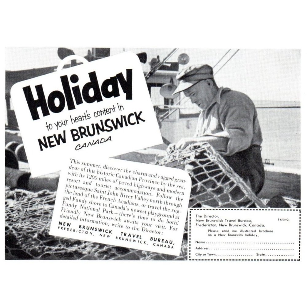 1953 New Brunswick Vacation Travel Vintage Print Ad Fisherman Net Ocean Wall Art